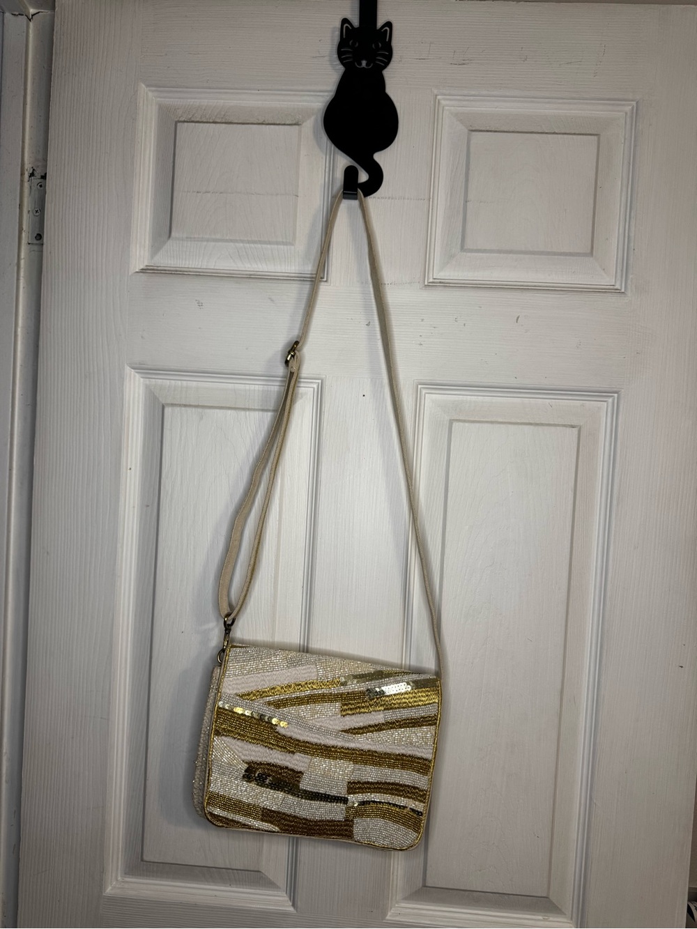 America & Beyond White Gold Hand Beaded Sequin Clutch Crossbody Bag NWT